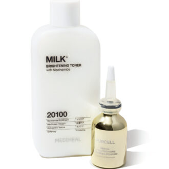 グルタチオン配合の化粧品。右：パーセル フレキシブル リポG フェイスセラム 30mL 4730円（アリエルトレーディング） 左：メディヒール ミルクブライトニングトナー 300ｍL 2750円（韓国高麗人参社）