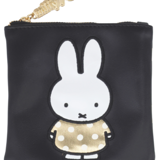 SHOBIDO スクエアポーチ ゴールドのドットのドレスを纏ったミッフィー＆ファスナー引き手の「miffy70」がお祝いムードたっぷりのスクエアポーチ。1980円（粧美堂）