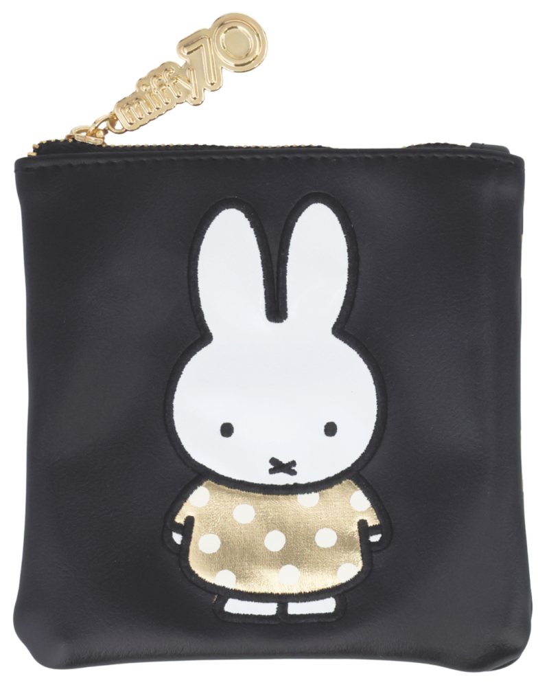SHOBIDO スクエアポーチ ゴールドのドットのドレスを纏ったミッフィー＆ファスナー引き手の「miffy70」がお祝いムードたっぷりのスクエアポーチ。1980円（粧美堂）