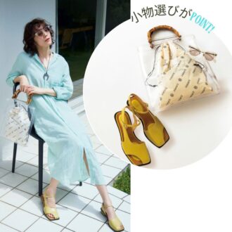 ワンピース5万3900円（フランク＆アイリーン／リトルリーグ インク）　サングラス2万3100円（ザ ベッドフォード ホテル／キングスター）　バッグ1万6500円（ピモンテ）　シューズ2万2000円（オゥバニスター／アバハウスインターナショナル オンラインストア）　ネックレス2万9700円（アダワットトゥアレグ／ザ エディット ストア）　ピアス3850円（デイジールイス／ロードス）