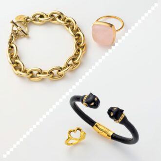 上：ブレスレット9万3500円（スキャット／ロードス）　リング8万8000円（ピモンテ） 下：バングル2万5300円（ポリーナ フィレンツェ／ピモンテ）　リング1万7600円（tsugumi iwamoto／ロードス）