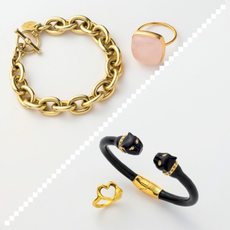 上：ブレスレット9万3500円（スキャット／ロードス）　リング8万8000円（ピモンテ） 下：バングル2万5300円（ポリーナ フィレンツェ／ピモンテ）　リング1万7600円（tsugumi iwamoto／ロードス）