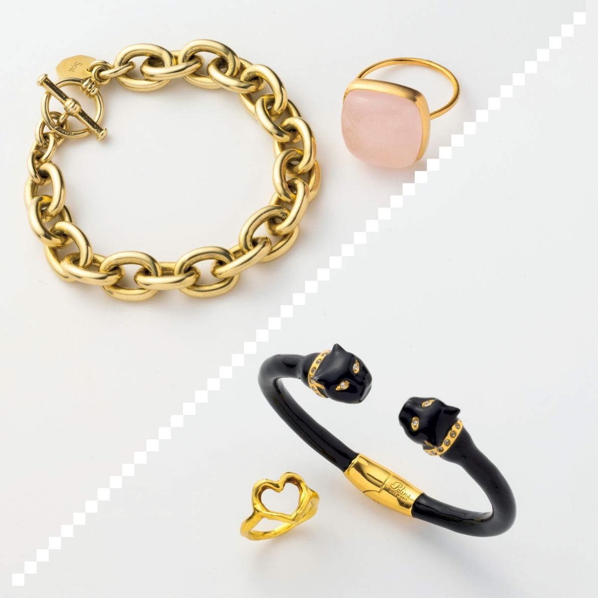 上：ブレスレット9万3500円（スキャット／ロードス）　リング8万8000円（ピモンテ） 下：バングル2万5300円（ポリーナ フィレンツェ／ピモンテ）　リング1万7600円（tsugumi iwamoto／ロードス）