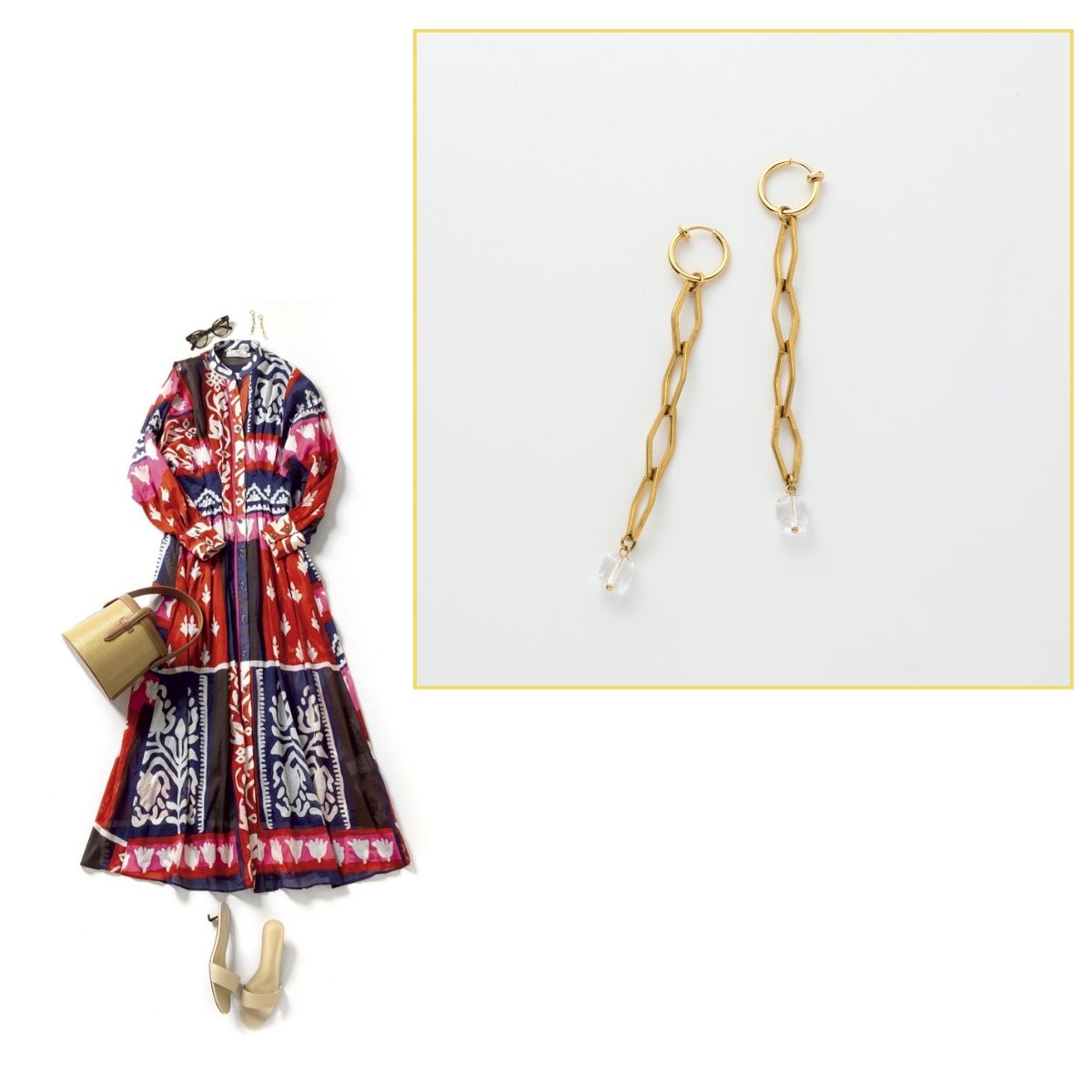 ピアス7700円（MU／ロードス） ワンピース8万4700円（デボーションツインズ／ノウン）　バッグ4万5100円（ヴァジック／ヴァジックジャパン）　サンダル3万8500円（トニービアンコ／エリオポール代官山）　サングラス4万8400円（プロポ／プロポデザイン）　