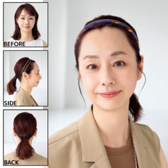 お仕事シーンにも使える知的美人なクール系まとめ髪。 柄カチューシャ1万9800円（アッカ／アッカギンザシックス店）　カチューシャ8800円（コレットマルーフ／ザ　ヘア バー トウキョウ）　ジレ1万4960円（クロエンス／ワールド プレスインフォメーション）　タンクトップ1万2100円（ハイク／ボウルズ）　ネックレス4万7300円（プリュイ／プリュイ トウキョウ）