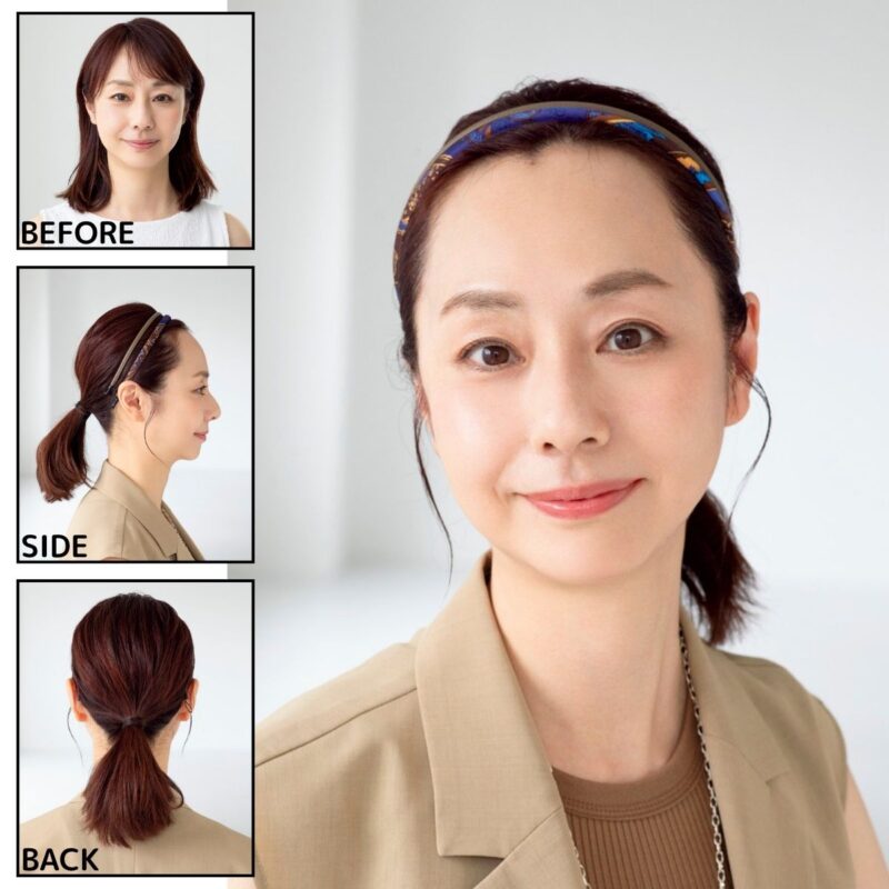 お仕事シーンにも使える知的美人なクール系まとめ髪。 柄カチューシャ1万9800円（アッカ／アッカギンザシックス店）　カチューシャ8800円（コレットマルーフ／ザ　ヘア バー トウキョウ）　ジレ1万4960円（クロエンス／ワールド プレスインフォメーション）　タンクトップ1万2100円（ハイク／ボウルズ）　ネックレス4万7300円（プリュイ／プリュイ トウキョウ）