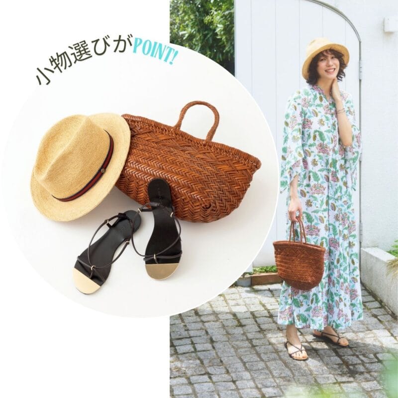 ワンピース4万5100円（エスゼット ブロック プリント／リトルリーグ インク）　ハット5万1700円（ボロサリーノ／中央帽子）　バッグ6万9300円（ドラゴン ディフュージョン）　サンダル2万8600円（ラオコンテ／フラッパーズ）　バングル2万900円（スティールジュニック）　リング2万2000円（tsugumi iwamoto／ともにロードス）