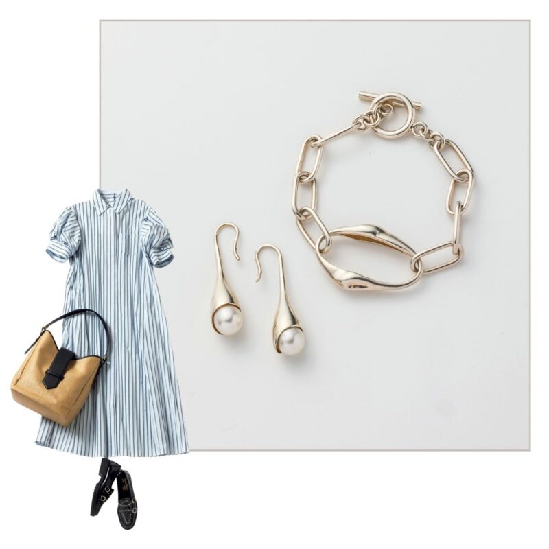 ピアス4万9500円（リューク）　ブレスレット1万7600円（yarKA／ロードス） ワンピース2万4200円（エレンディーク）　バッグ3万1900円（ラ・ヴェニール／D.L.T）　シューズ6万4900円（カステラーノ／フラッパーズ）　