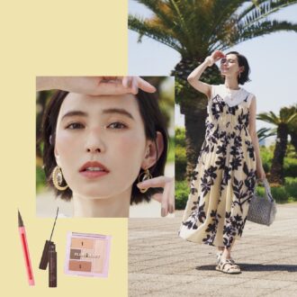 【2000円以下コスメ】フラワープリントのワンピに似合う、オレンジチークが主役の40代向け夏メイク