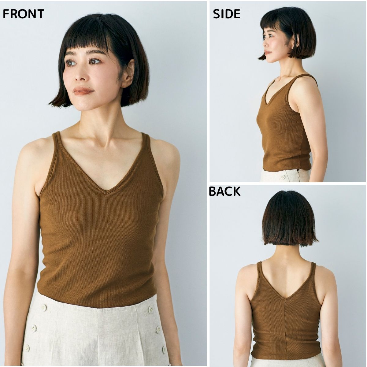 適度な厚みの生地、トレンドカラーで下着っぽさがない。1枚で着られて楽ちん。左右一体型カップによって、ナチュラルに美しいバストシルエットを実現。背中も計算された深さのVネックで、すっきりとした後ろ姿をメイク。