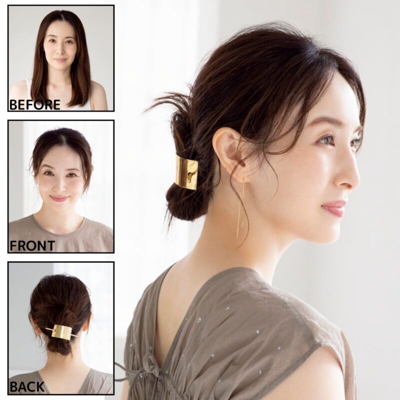 サクッとまとめたお団子ヘアは ヘアアクセを使ってクールエレガントに。マジェステ1万7160円（フランス ラックス／ピーアンドティートレーディング）　ブラウス1万5400円（ルージュ・ヴィフ・アンナ／アバハウスインターナショナル オンラインストア）　ピアス10万2300円（マリハ）