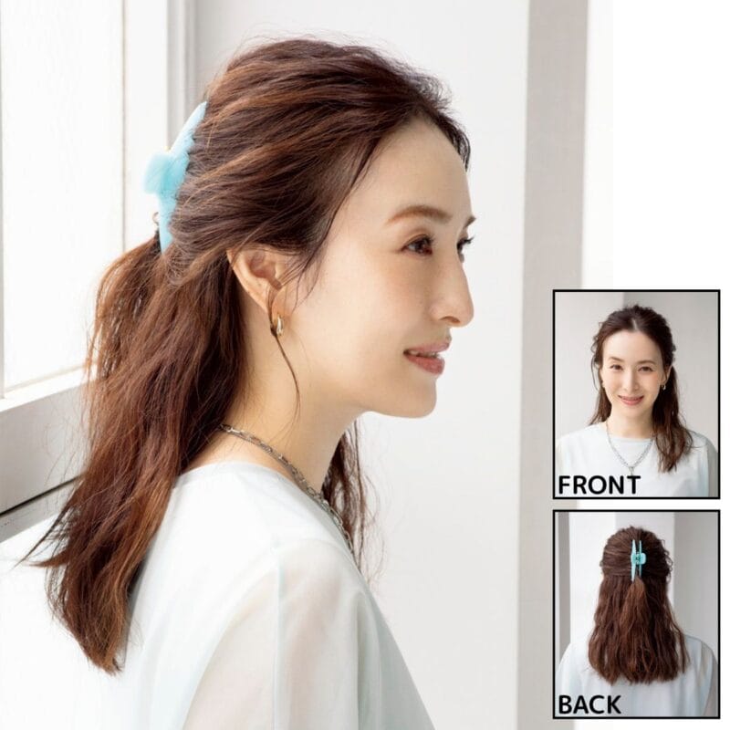 すっきり×程よいボリュームで、サイドシルエットもあざとく綺麗に。クリップ1万1000円（アッカ／アッカギンザシックス店）　Tシャツ5990円（アンフィーロ）　ピアス3300円（アプロ）　2連ネックレス6490円（ieLS／ともにロードス）
