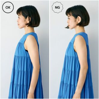 右＞いつものカップ付きインナーだと、胸まわりもストンと落ちてしまい、立体感の乏しいボディラインに見える。 左＞スリップタイプのカップ付きインナーなら、バストがボリュームアップ＆トップ位置が高くなり、メリハリのある印象に。
