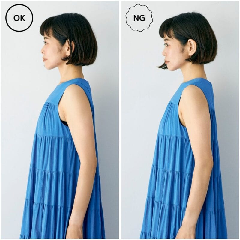 右＞いつものカップ付きインナーだと、胸まわりもストンと落ちてしまい、立体感の乏しいボディラインに見える。 左＞スリップタイプのカップ付きインナーなら、バストがボリュームアップ＆トップ位置が高くなり、メリハリのある印象に。