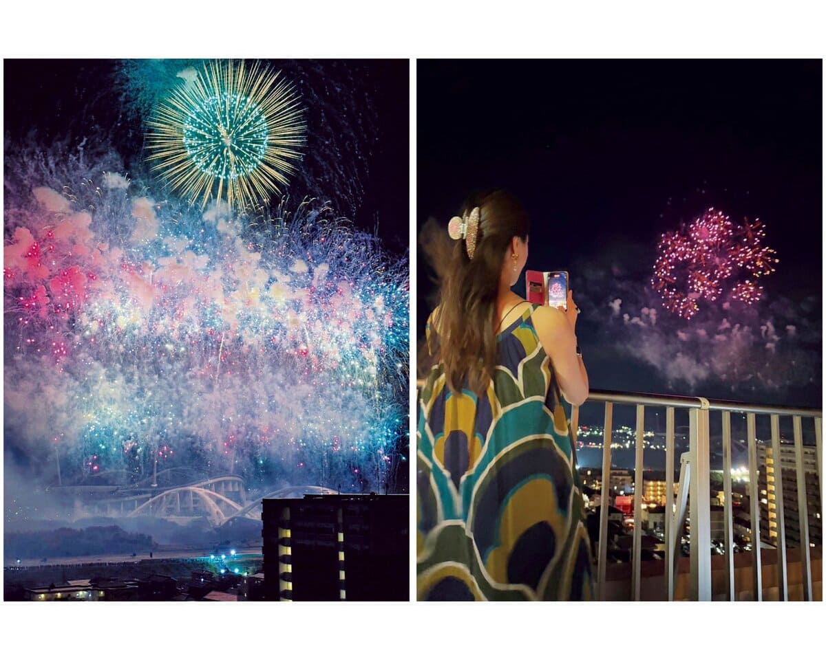 豊田の花火大会で夏気分を満喫。「ダイナミックな花火に感動！気の置けない友人たちと集まって、お酒を飲みながらワイワイ♪」