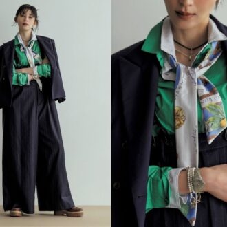 【40代おしゃれ】紺色の通勤スタイルは、グリーンの差し色シャツ＆スカーフで一気に洒落る！