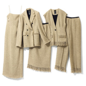 右から、裾のフリンジがナチュラルなラフさを演出。パンツ5万5000円、一つボタンでウエストをシェイプしたカーヴィなシルエット。ジレ6万3800円、素材の魅力を堪能できるシンプルなデザイン。スカート5万2800円、軽やかな着心地ながら、かっちりしたパワーショルダーが凛とした着こなしをかなえる。ジャケット8万8000円、華奢なストラップと大きく開いた背中がセンシュアル。ワンピース5万8300円（すべてグリードインターナショナル）