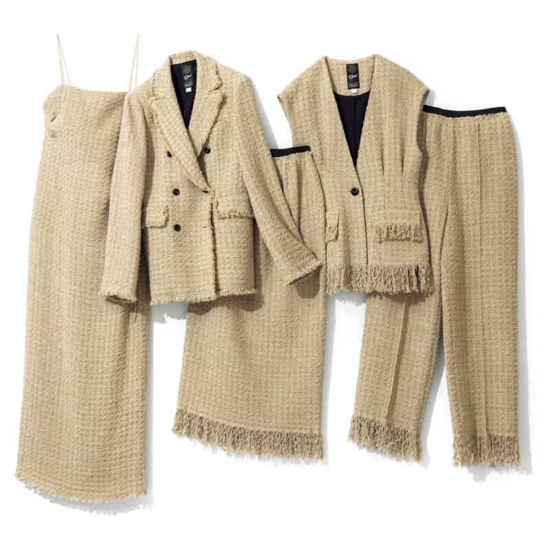 右から、裾のフリンジがナチュラルなラフさを演出。パンツ5万5000円、一つボタンでウエストをシェイプしたカーヴィなシルエット。ジレ6万3800円、素材の魅力を堪能できるシンプルなデザイン。スカート5万2800円、軽やかな着心地ながら、かっちりしたパワーショルダーが凛とした着こなしをかなえる。ジャケット8万8000円、華奢なストラップと大きく開いた背中がセンシュアル。ワンピース5万8300円（すべてグリードインターナショナル）