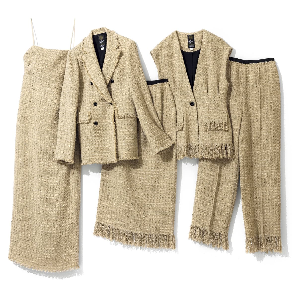 右から、裾のフリンジがナチュラルなラフさを演出。パンツ5万5000円、一つボタンでウエストをシェイプしたカーヴィなシルエット。ジレ6万3800円、素材の魅力を堪能できるシンプルなデザイン。スカート5万2800円、軽やかな着心地ながら、かっちりしたパワーショルダーが凛とした着こなしをかなえる。ジャケット8万8000円、華奢なストラップと大きく開いた背中がセンシュアル。ワンピース5万8300円（すべてグリードインターナショナル）