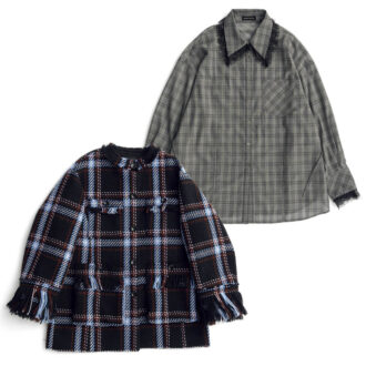 透け感素材×レース、大きめチェック柄などポップさがお洒落。上_2wayシャツ1万9800円、下_ジャケットコート4万1300円(ともにメゾンスペシャル/メゾンスペシャル 青山店)