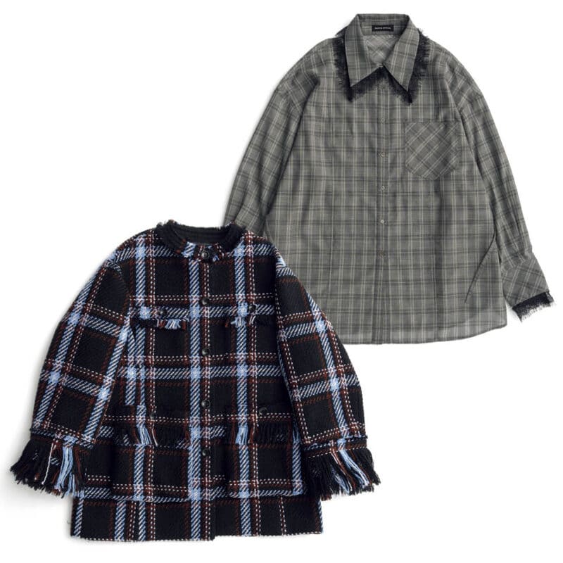 透け感素材×レース、大きめチェック柄などポップさがお洒落。上_2wayシャツ1万9800円、下_ジャケットコート4万1300円(ともにメゾンスペシャル/メゾンスペシャル 青山店)