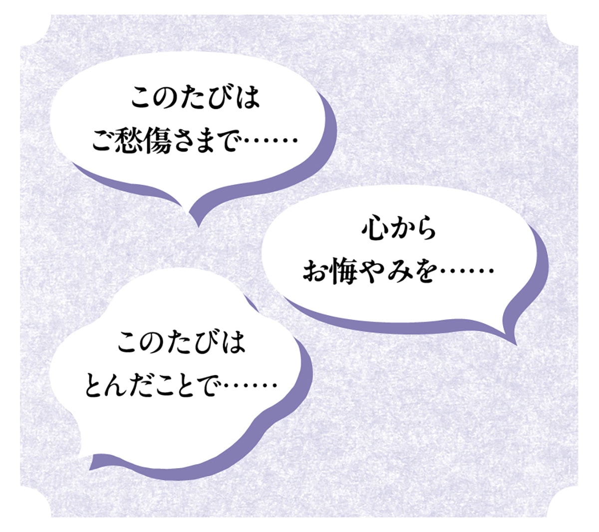 一般的なお悔やみの挨拶。受付やご遺族には「このたびはご愁傷様です」「心よりお悔やみ申し上げます」と伝えますが、最後まではっきり話さずに言葉を濁すようにすると気持ちが通じやすくなります。