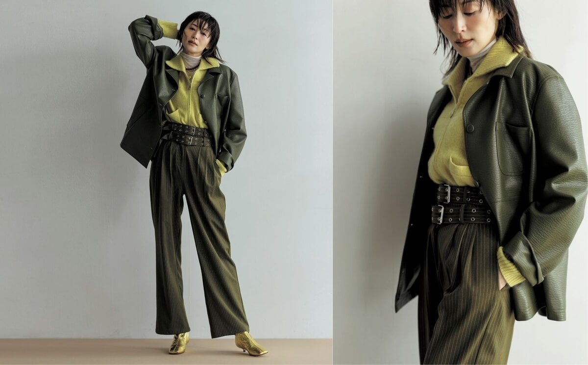 カーキコーデ　イエロー差し色