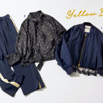 イエベさんにおすすめのネイビーアイテム。1.金具のゴールドはイエベ向き。甘めのレースフリルもモダンに。6万3800円（ミュベール）　2.イエベカラーの小花柄をネイビーで大人っぽく。7万5900円（エブール／リトルリーグ インク）　3.黄みがかった白ライン入りニットパンツもルーズにならず上品な印象に。4万4000円（ミュベール）