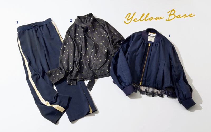 イエベさんにおすすめのネイビーアイテム。1.金具のゴールドはイエベ向き。甘めのレースフリルもモダンに。6万3800円（ミュベール）　2.イエベカラーの小花柄をネイビーで大人っぽく。7万5900円（エブール／リトルリーグ インク）　3.黄みがかった白ライン入りニットパンツもルーズにならず上品な印象に。4万4000円（ミュベール）