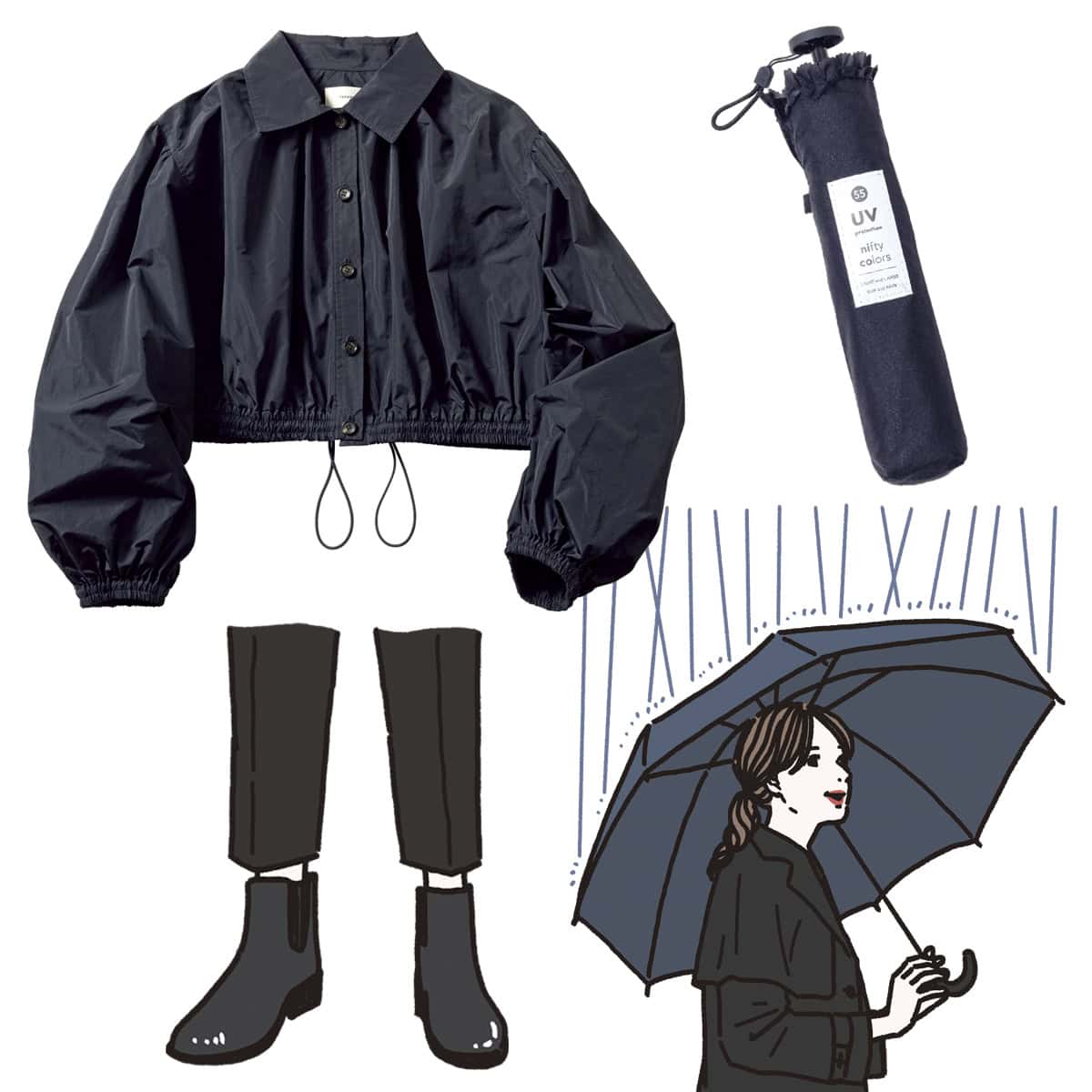 （左上）ブルゾン4万3000円（ティーチ）、（右上）晴雨兼用傘3960円（ハッピークローバー）。黒いレインブーツをはいた足のイラスト、雨の中傘を刺す女性のイラスト。