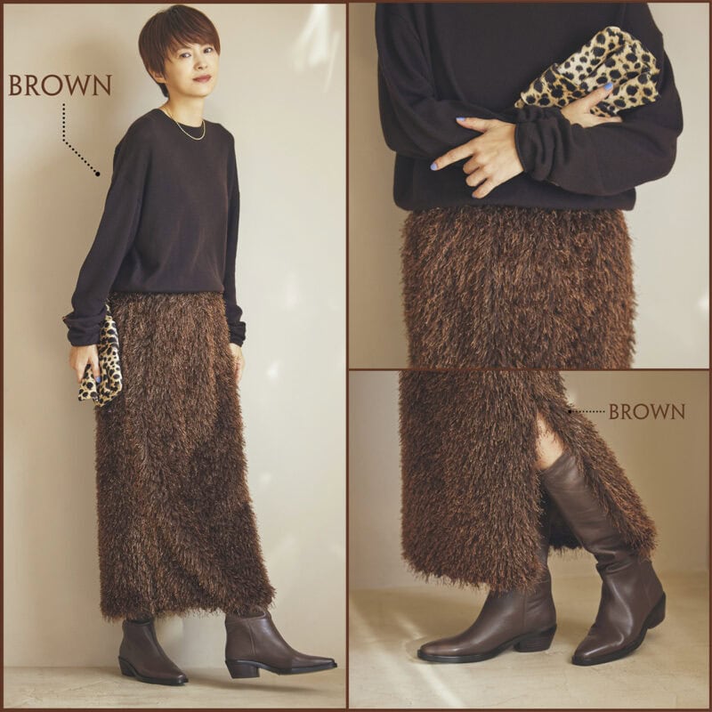 プレーンなニットにフリンジスカートを添えて艶やかに。小物もブラウン系でまとめてシックに。ニット4万9500円（ハウス オブ ロータス 二子玉川店）　スカート2万6400円（ザ ポーズ／ウィムガゼット ルミネ新宿店）　ネックレス5万600円（マリハ）　バッグ2万3100円（ルレ・アッシュ／ピモンテ）　ロングブーツ5万1700円（モリーニ／ジャック・オブ・オール・トレーズ プレスルーム）