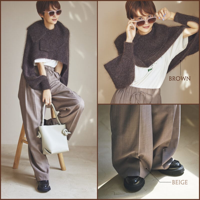 短丈ニットとイージーパンツのリラクシーな装いを落ち着いた色で大人っぽく。ニット5万7200円（ニアーニッポン／ニアー）　Tシャツ6820円（グッド ロック スピード／グッドスピード）　パンツ4万7300円（エブール／リトルリーグ インク）　サングラス2万790円（コーチ／ルックスオティカジャパン カスタマーサービス）　バッグ4万6200円（ヴァジック／ヴァジックジャパン）　靴3万3000円（モリーニ／ジャック・オブ・オール・トレーズ プレスルーム）