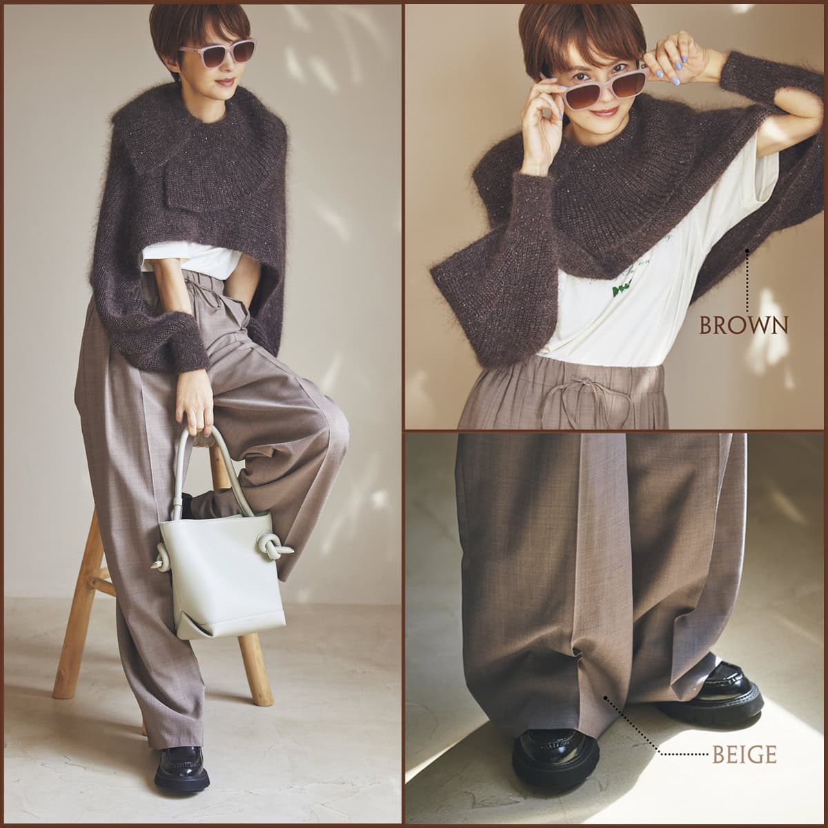 短丈ニットとイージーパンツのリラクシーな装いを落ち着いた色で大人っぽく。ニット5万7200円（ニアーニッポン／ニアー）　Tシャツ6820円（グッド ロック スピード／グッドスピード）　パンツ4万7300円（エブール／リトルリーグ インク）　サングラス2万790円（コーチ／ルックスオティカジャパン カスタマーサービス）　バッグ4万6200円（ヴァジック／ヴァジックジャパン）　靴3万3000円（モリーニ／ジャック・オブ・オール・トレーズ プレスルーム）