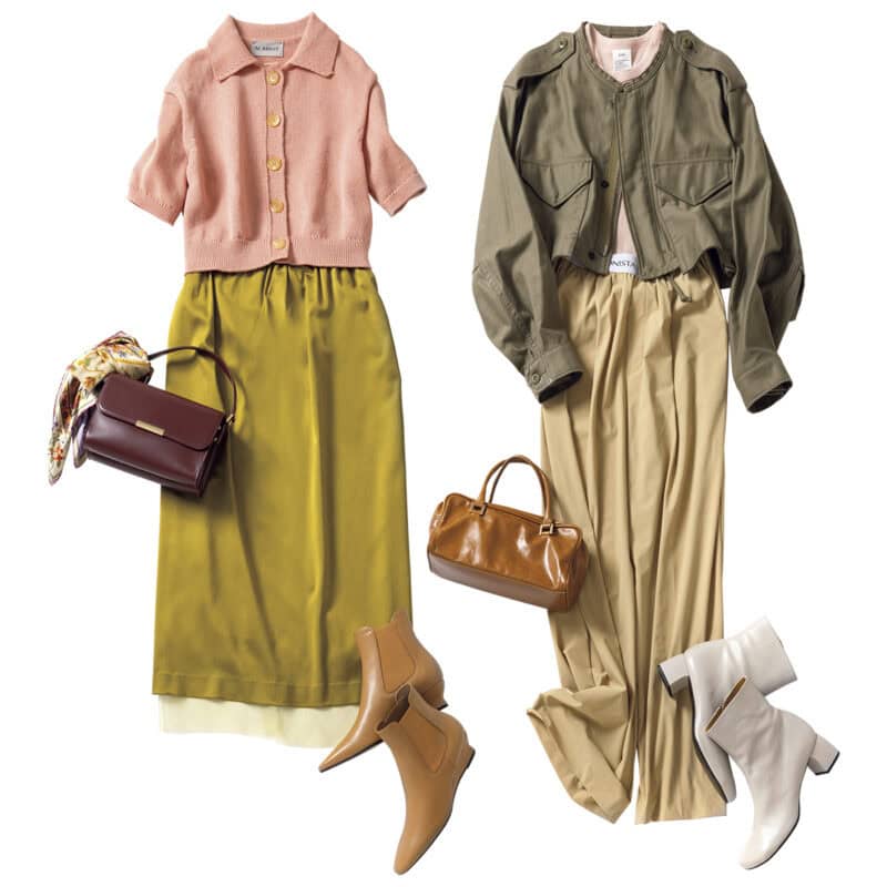 イエベさんに似合うカーキ×ニュアンスカラーコーデ【コーラルピンク・ベージュ】