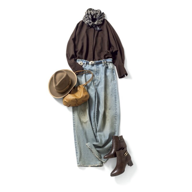 【着回しアイテム：Ⓒ】デニムパンツ4万6200円（ゲミニー／ウィムガゼット ルミネ新宿店）　バッグ3万3000円（ラシット／ラシット 京王百貨店 新宿店）　ブーツ2万6950円（ダイアナ／ダイアナ 銀座本店）　スカーフ1万6500円（マニプリ）　ベルト1万6500円（レフィエ／フラッパーズ）　ハット3万1900円（ステットソン／ステットソン ジャパン）