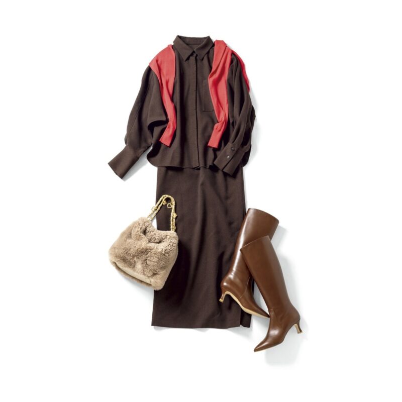 【着回しアイテム：Ⓒ＋Ⓔ】カーディガン6万4900円（ジェイドット／ジェイドット 自由が丘八雲店）　ファーバッグ1万4850円、ロングブーツ4万2350円（ともにダイアナ／ダイアナ 銀座本店）