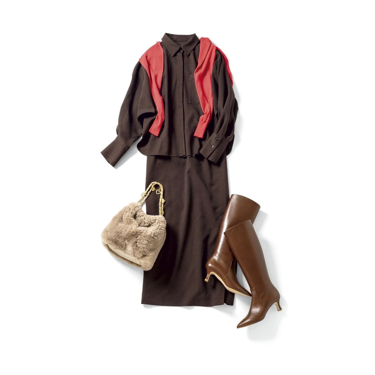 【着回しアイテム：Ⓒ＋Ⓔ】カーディガン6万4900円（ジェイドット／ジェイドット 自由が丘八雲店）　ファーバッグ1万4850円、ロングブーツ4万2350円（ともにダイアナ／ダイアナ 銀座本店）