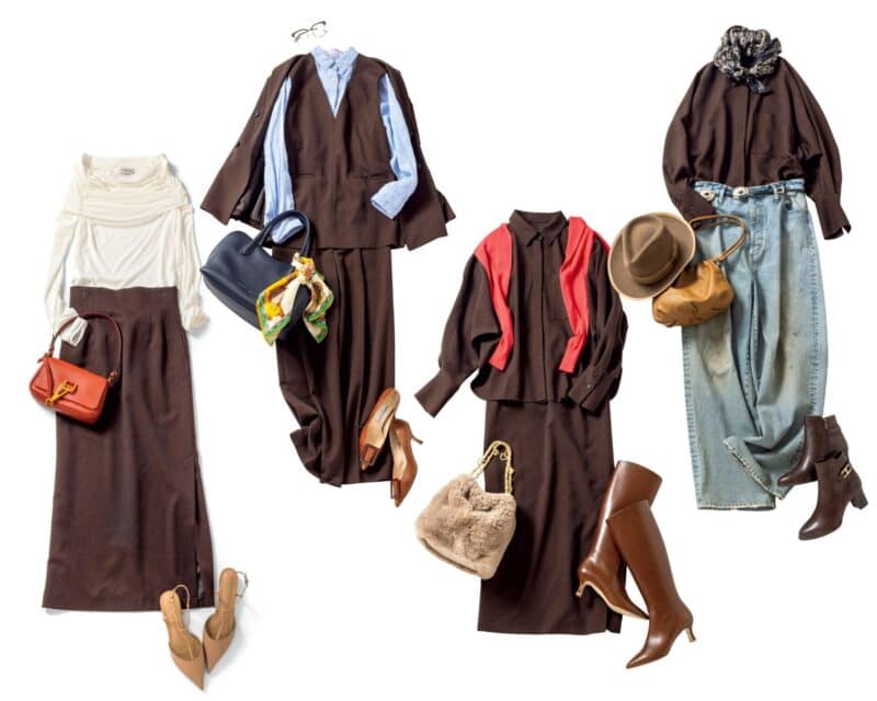 茶色（ブラウン）のカセット服で着回し