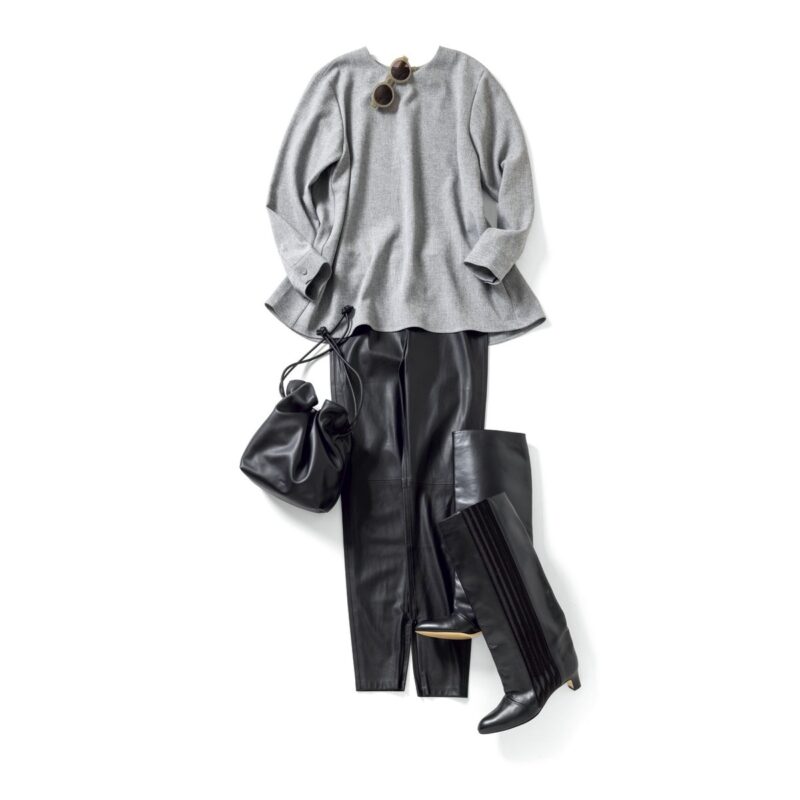 【着回しアイテム：Ⓑ】パンツ3万800円（ルームエイト／オットデザイン）　バッグ4万9500円（ヴァジック／ヴァジックジャパン）　ブーツ10万5600円（ネブローニ／ピモンテ）　サングラス4万8400円（プロポ／プロポデザイン）