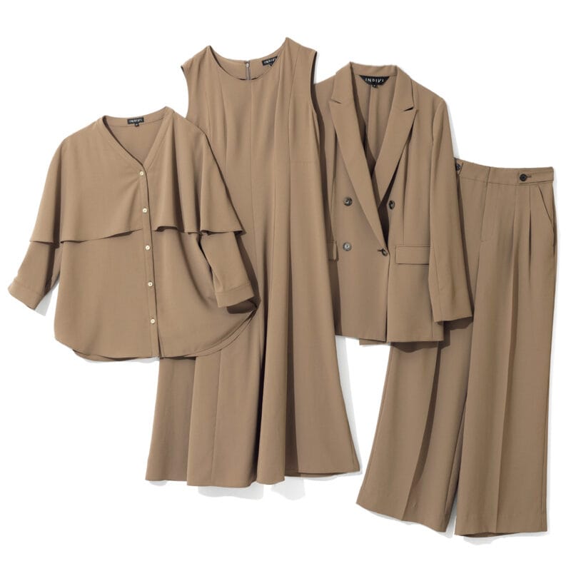 右から、はき心地がよく長時間座ってもキレイをキープ。パンツ1万6940円、カーディガン感覚で着られる軽やか仕立て。しなやかな風合いでこなれた雰囲気に。ジャケット1万9910円、ウエストをシェイプしたエレガントなフレアシルエット。ワンピース1万9910円、ケープ風のラッフルデザインが特長。裾をインするとクロップドトップスのように見えてお洒落。ブラウス1万4960円（すべてインディヴィ／ワールド プレスインフォメーション）