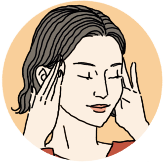 奥歯の噛み合わせ辺りからこめかみ、髪の生え際を、指の腹でグリグリもみ込む。