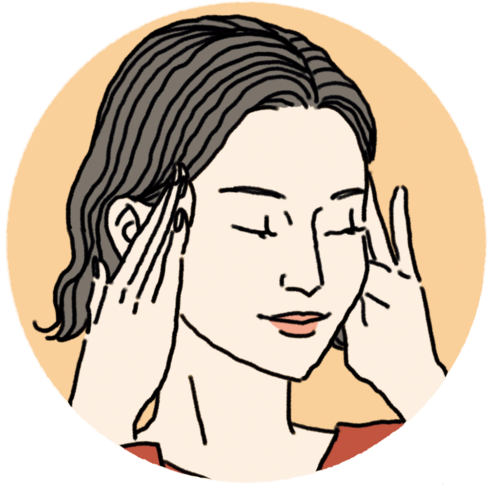 奥歯の噛み合わせ辺りからこめかみ、髪の生え際を、指の腹でグリグリもみ込む。