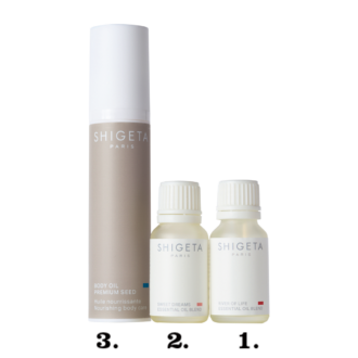 （右から）リバーオブライフ 15mL 7205円　心地よい眠りに誘う。スウィートドリーム 15mL 5995円 エッセンシャルオイルを混ぜて使うベースオイル。ベーシック ボディーオイル 50mL 3135円