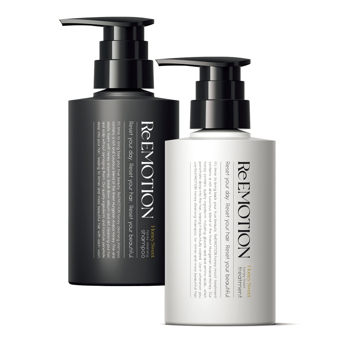 ReEMOTION ハニースイートクレンジングシャンプー 300mL 4620円、同 ハニースイートモイストトリートメント300g 4620円（KEN）