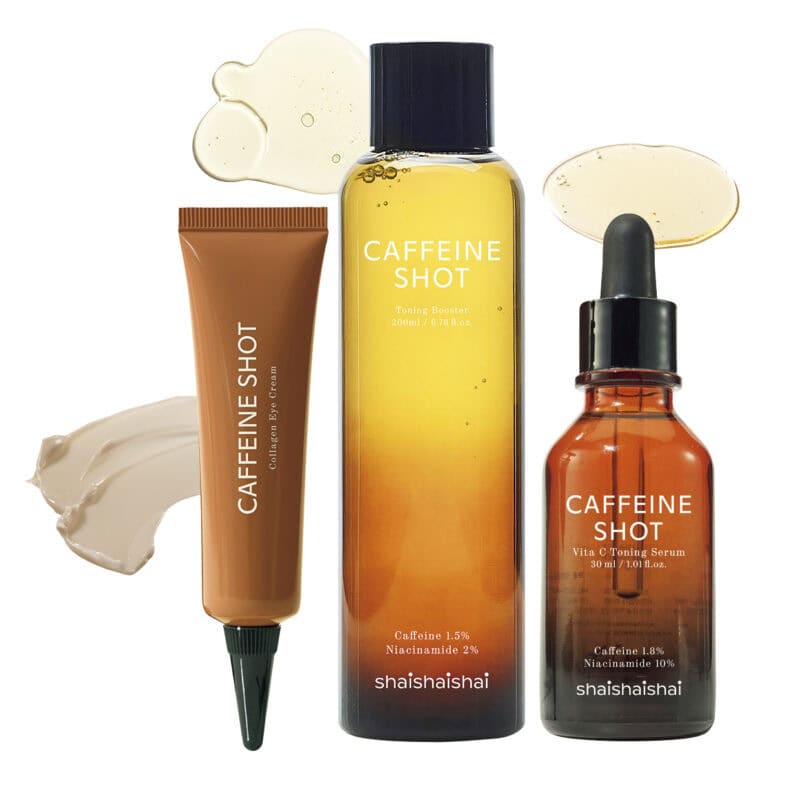右から:shaishaishai カフェインショット ビタC トーニングセラム 30mL 2970円、同 トーニングブースター200mL 2530円、同 アイクリーム 30g 2750円(アリエルトレーディング)