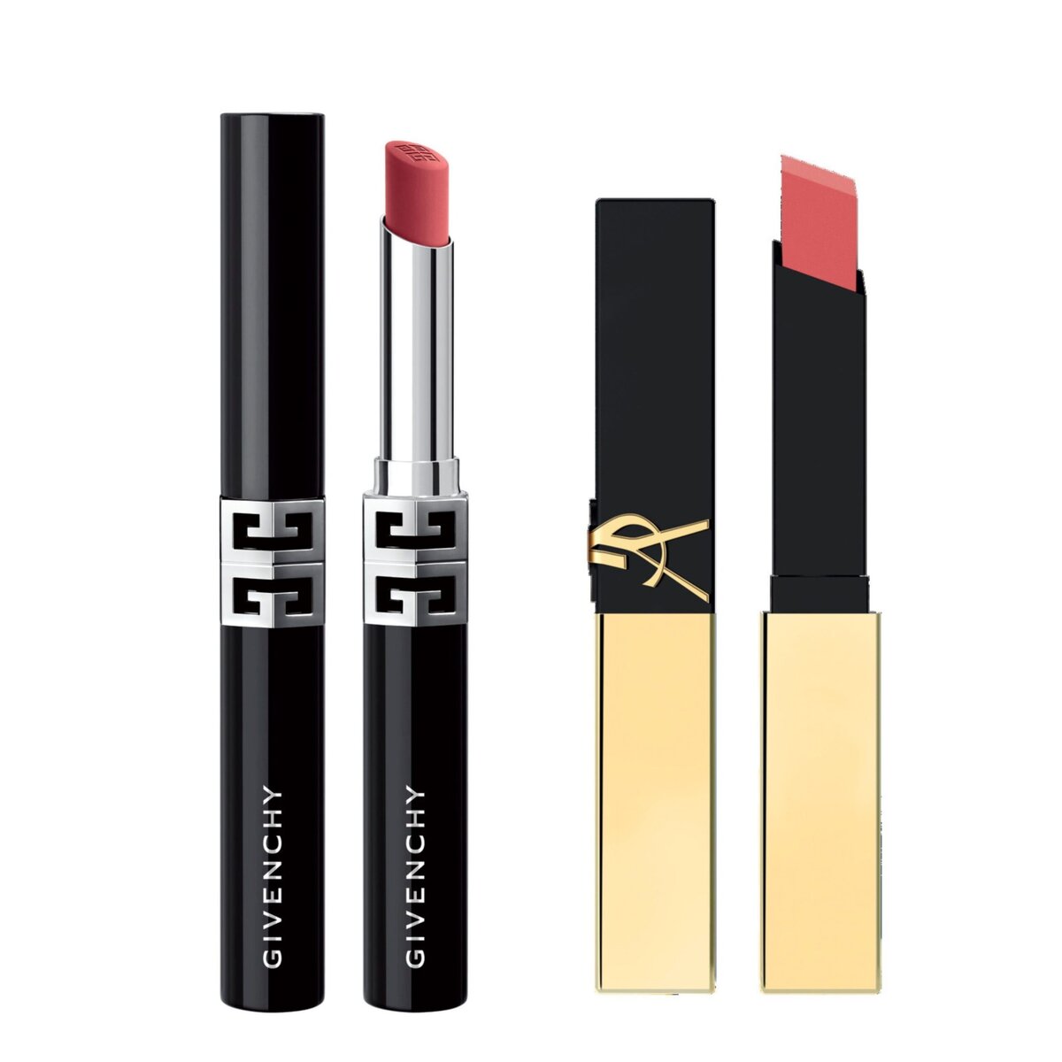 右から：YSL ザ スリム リップスティック 1977 7040円（イヴ・サンローラン・ボーテ）、ルージュ・ジバンシイ・ベルベット・マットP09 5940円（パルファム ジバンシイ［LVMHフレグランスブランズ］）