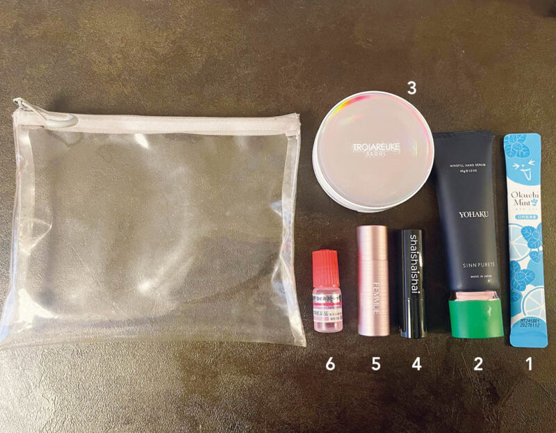 1.歯みがきできない時の強い味方「オクチミント」。2.「シンピュルテ」のハンドクリームは香りもいい。3.「トロイアルケ」のクッション。99%美容液、1%BBクリーム処方。4.プランプ効果がある「shaishaishai」のリップバーム。5.「ファミュ」のリップは、高い保湿力となめらかな塗り心地。6.「ソフトサンティア」は防腐剤無添加で、目にやさしい処方。