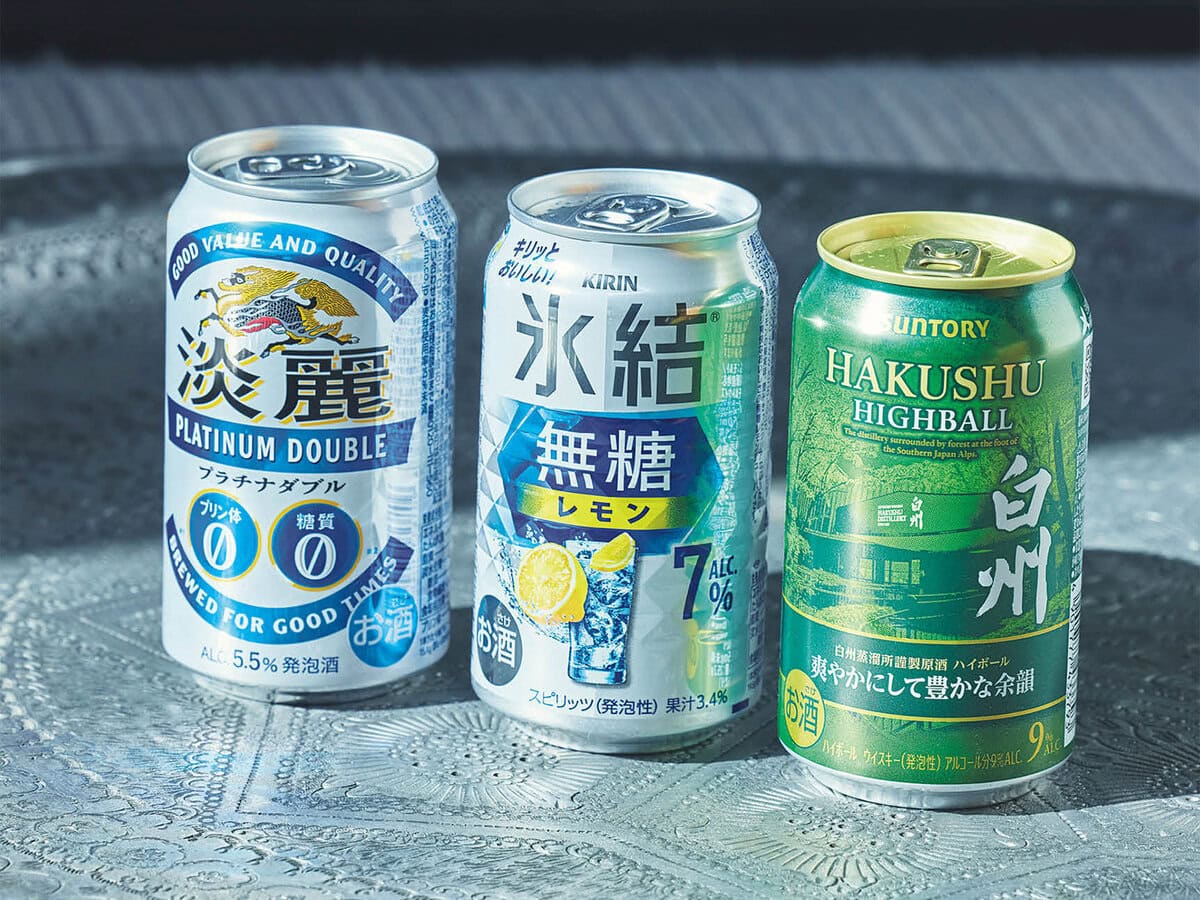 左から：淡麗プラチナダブル、氷結®無糖 レモン（ともにキリン）、プレミアムハイボール 白州（サントリー） 「地方のホテルではコンビニで買える缶が重宝しますね」