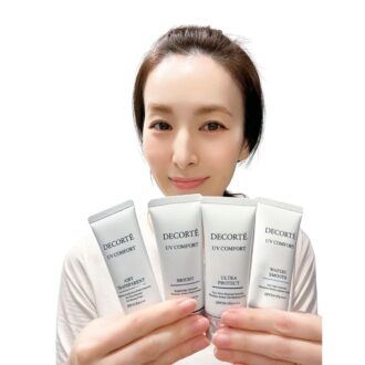 北澤さんが試したのは、UV コンフォート ウォータリースムース、同ウルトラプロテクト、同 ブライト、同 エアリートランスペアレントの4つ。