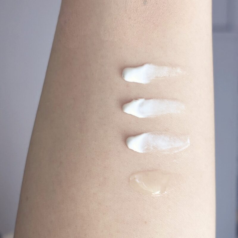 「“UV コンフォート エアリートランスペアレント”は透明なジェル状。他3つは美容液のようなつけ心地の乳液タイプ。“UV コンフォート ウルトラプロテクト”は耐水性がある分、やや硬め」